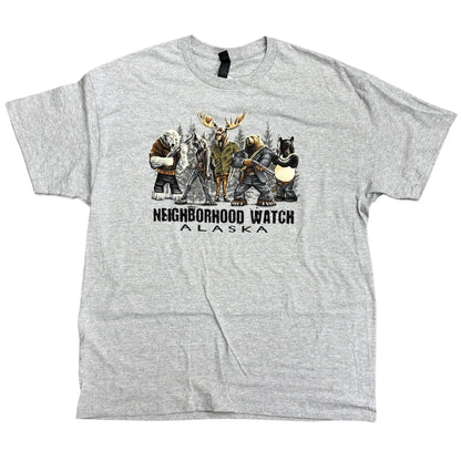 Gray Alaska t-shirt with a moose, bears, and a wolf with "Neighborhood Watch" Text