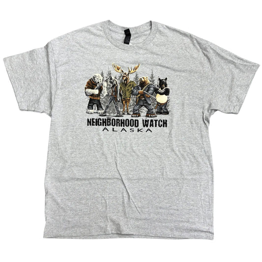 Gray Alaska t-shirt with a moose, bears, and a wolf with "Neighborhood Watch" Text