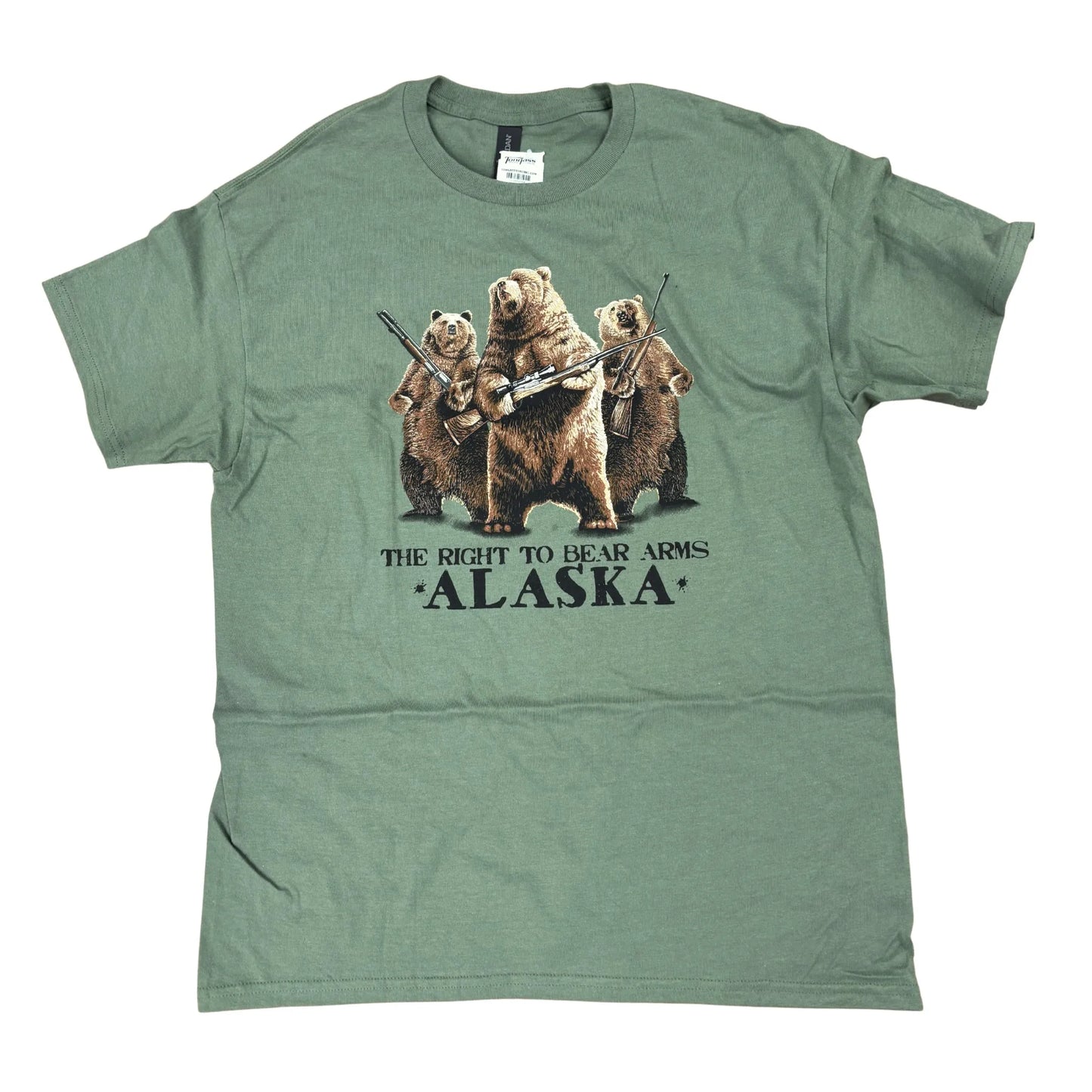 Green t-shirt with bear graphic and text 'The Right to Bear Arms Alaska' on a white background