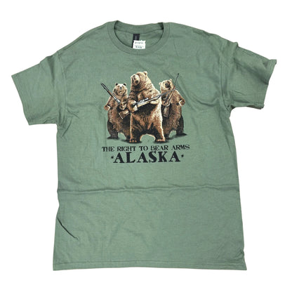 Green t-shirt with bear graphic and text 'The Right to Bear Arms Alaska' on a white background
