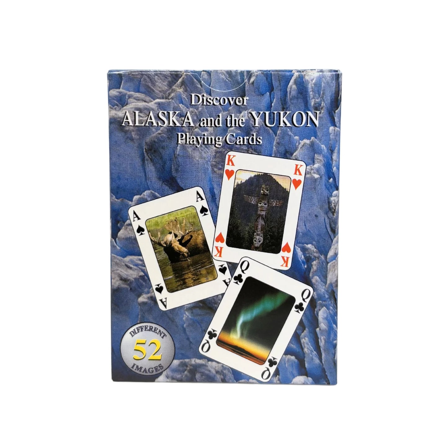 Playing card set packaging with Alaska and Yukon scenery on a blue background