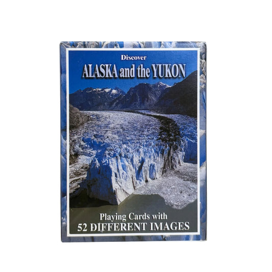 Playing card set cover featuring a glacier with mountains and text 'Discover Alaska and the Yukon'.