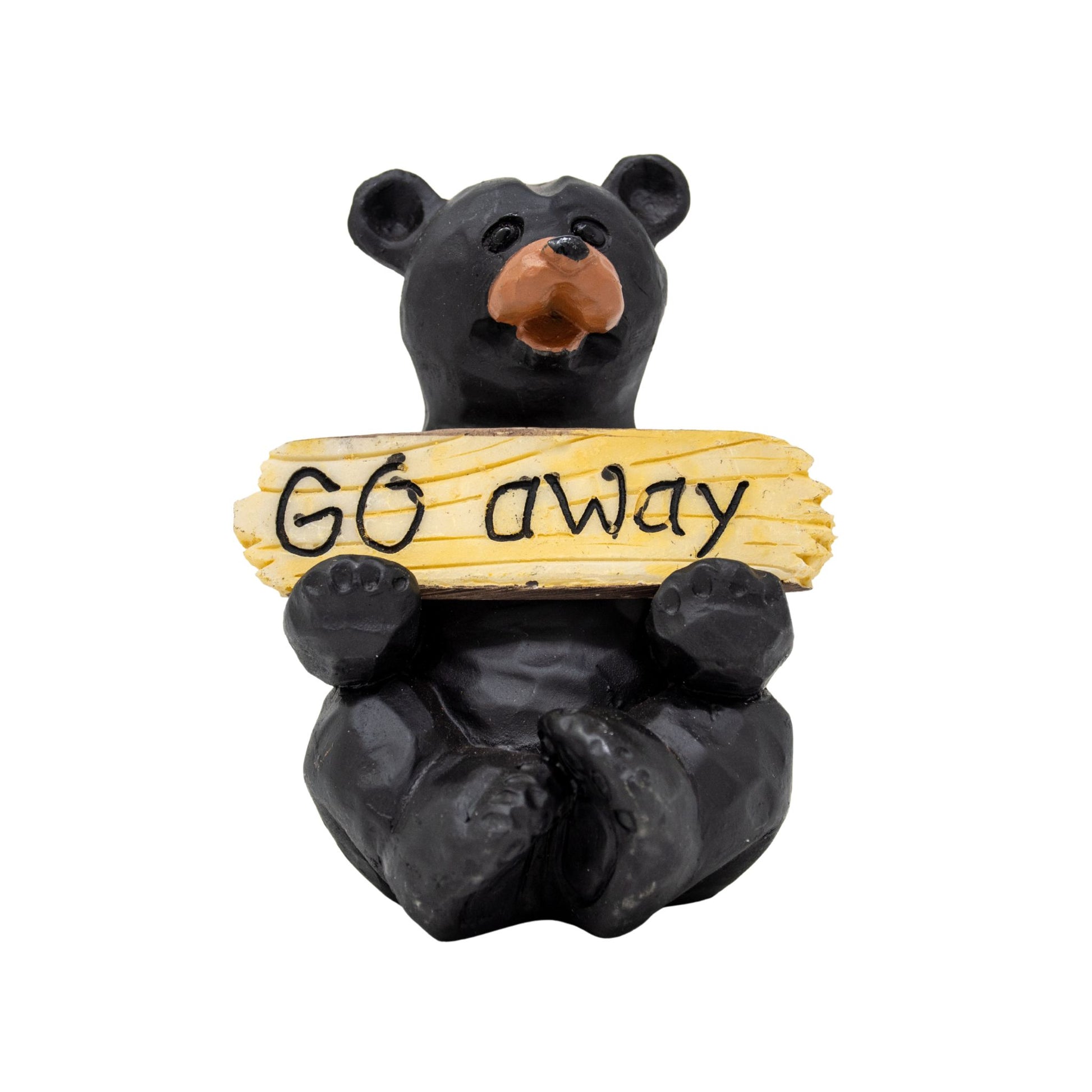 Black bear figurine holding a sign that says 'Go away'