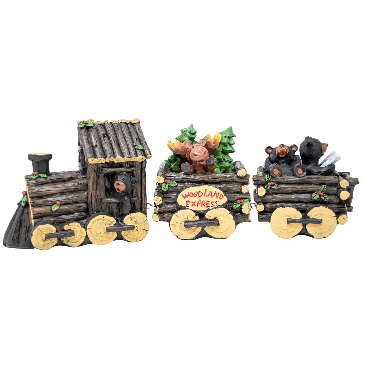 Toy train set with bears and a moose in log cabin themed train carts on a white background