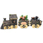 Toy train set with bears and a moose in log cabin themed train carts on a white background