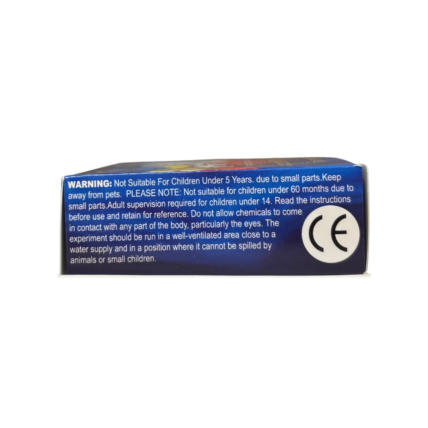 Product packaging with warning label and CE mark on a white background