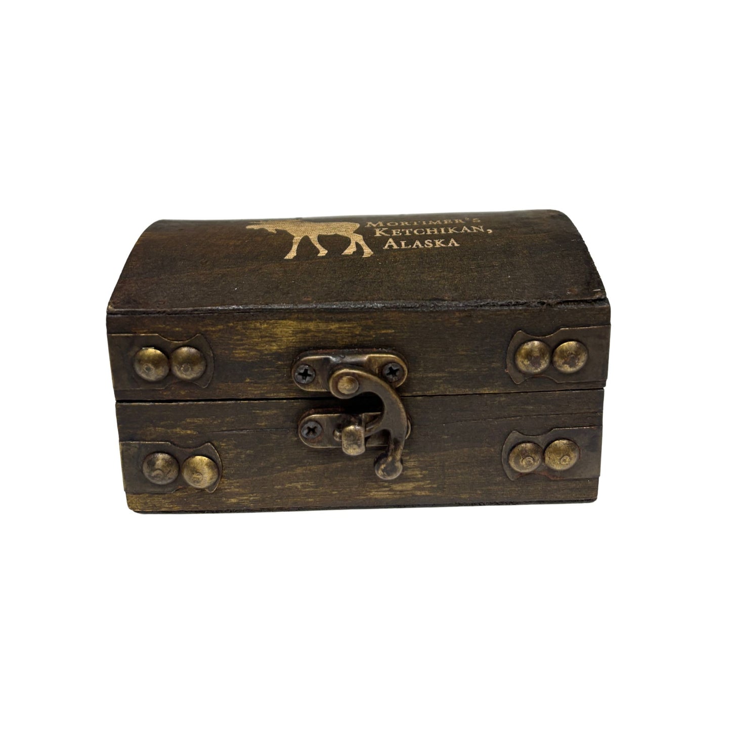 Wooden treasure chest with brass accents and 'Ketchikan, Alaska' text