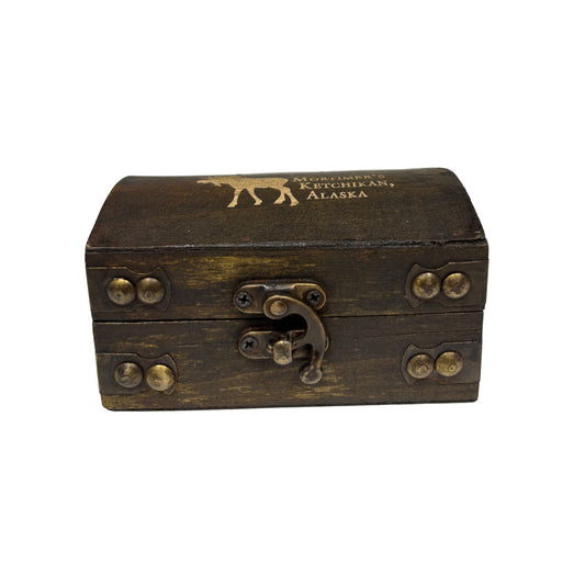 Wooden treasure chest with brass accents and 'Ketchikan, Alaska' text