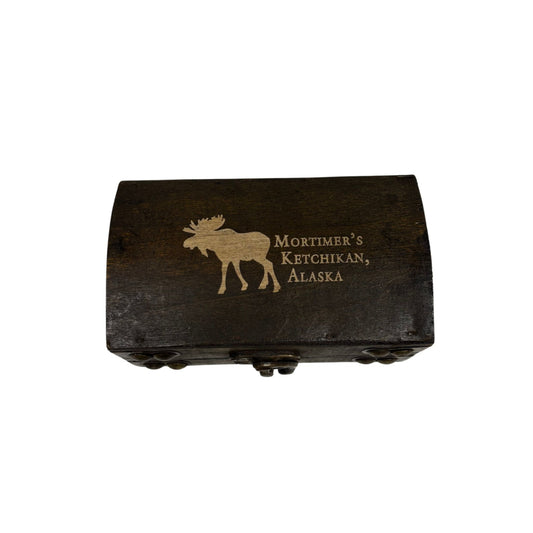 Wooden box with a moose silhouette and text
