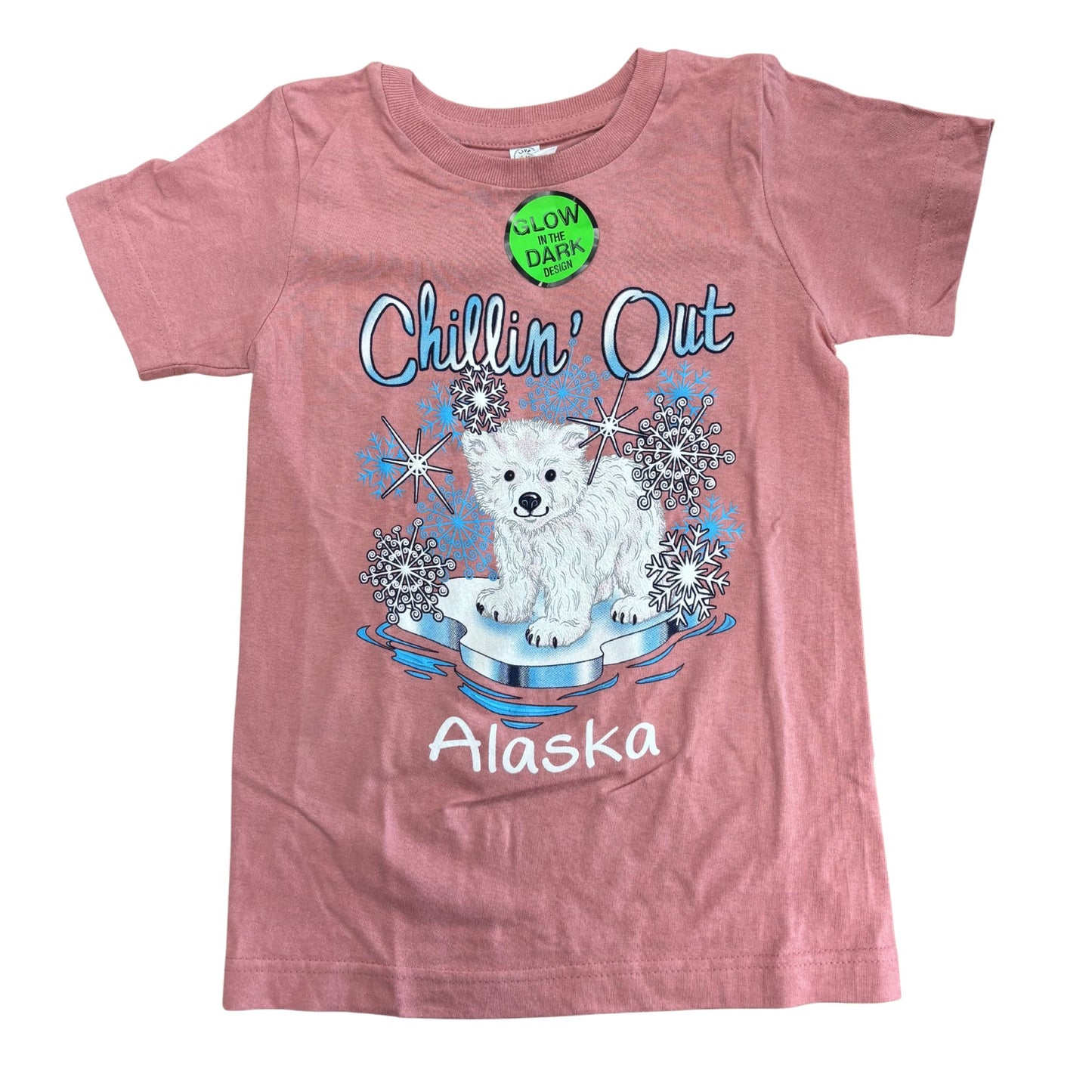Pink t-shirt with a polar bear graphic and text on a white background