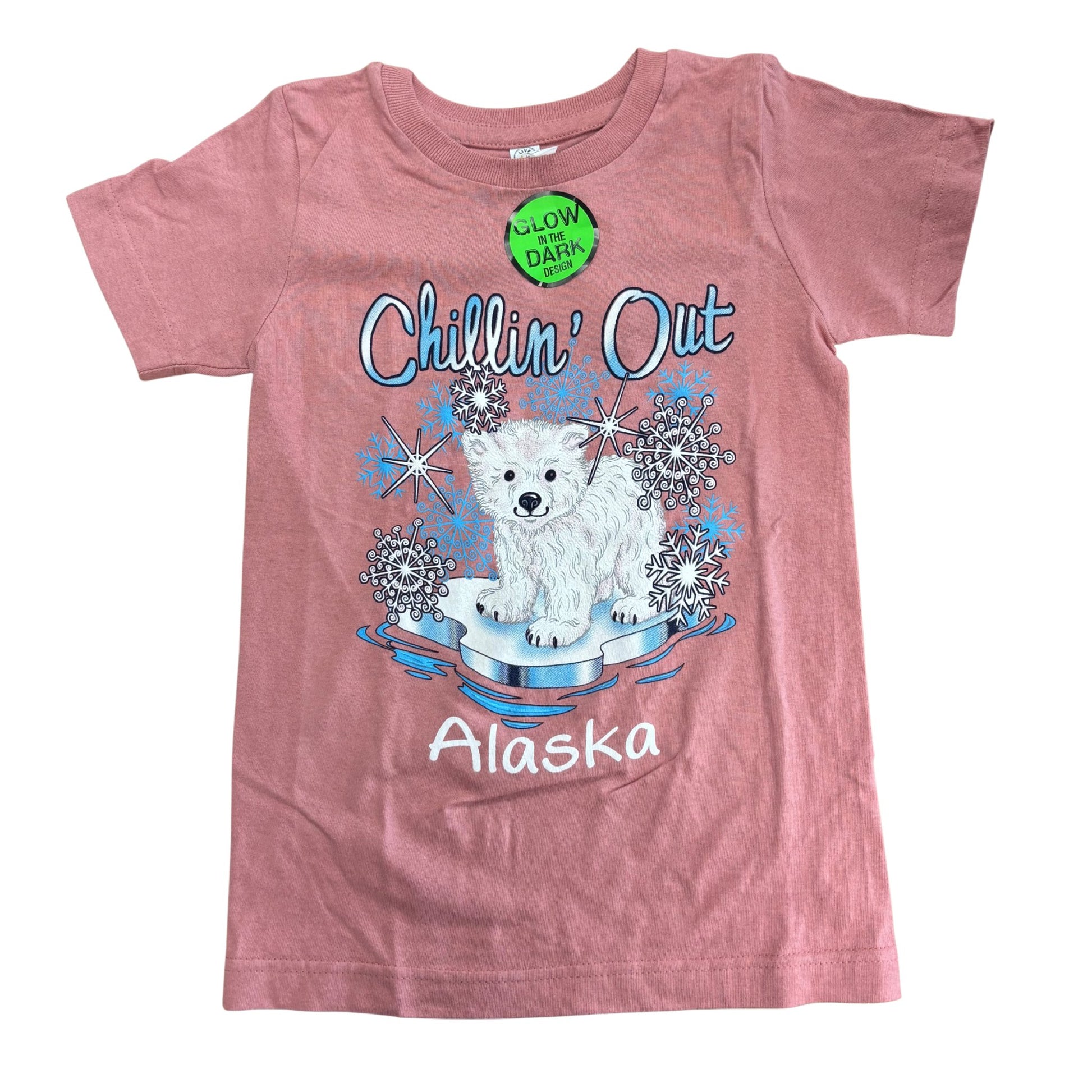 Pink t-shirt with a polar bear graphic and text on a white background