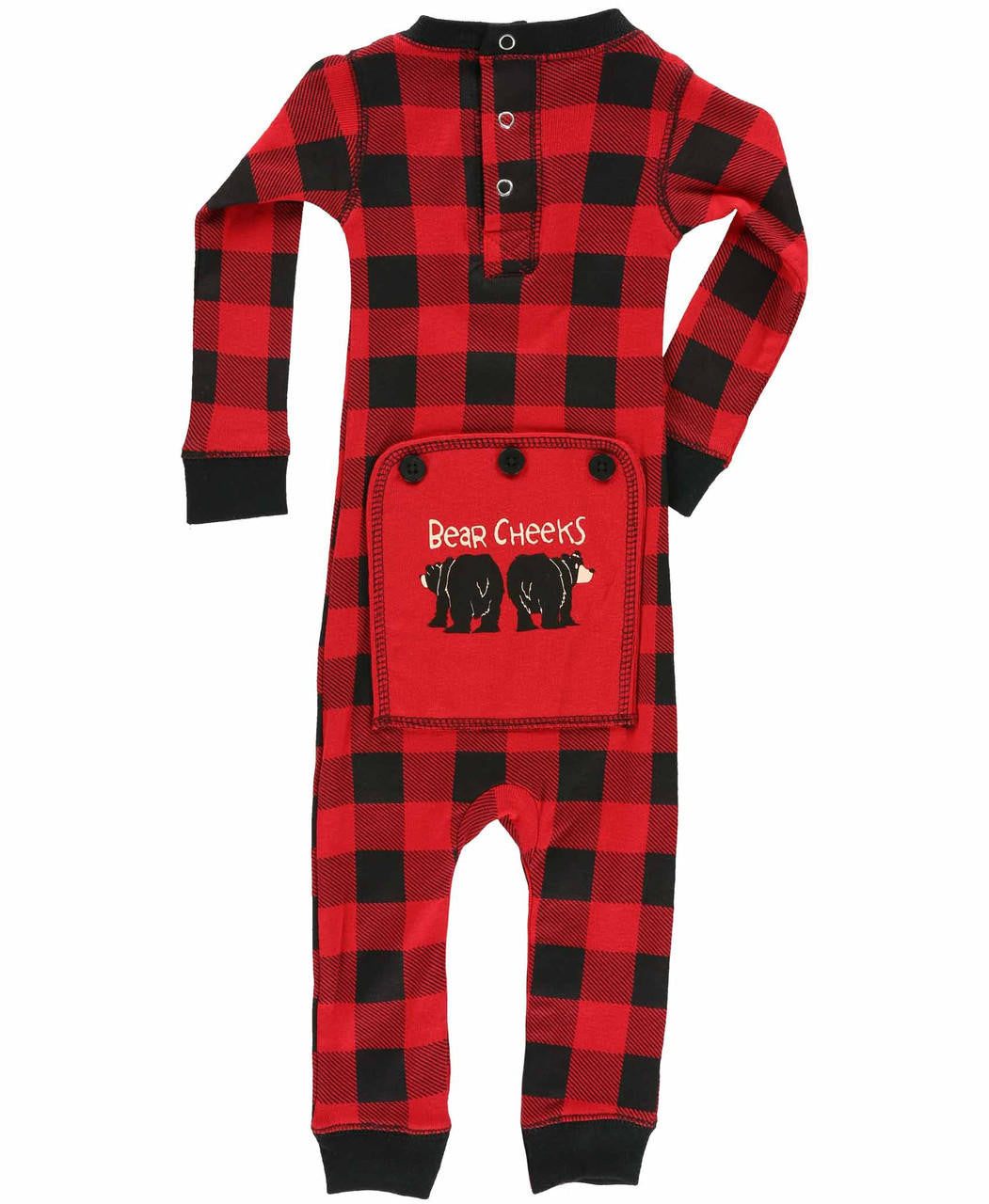 Red and black onesie with 'Bear Cheeks' text and bears on a white background
