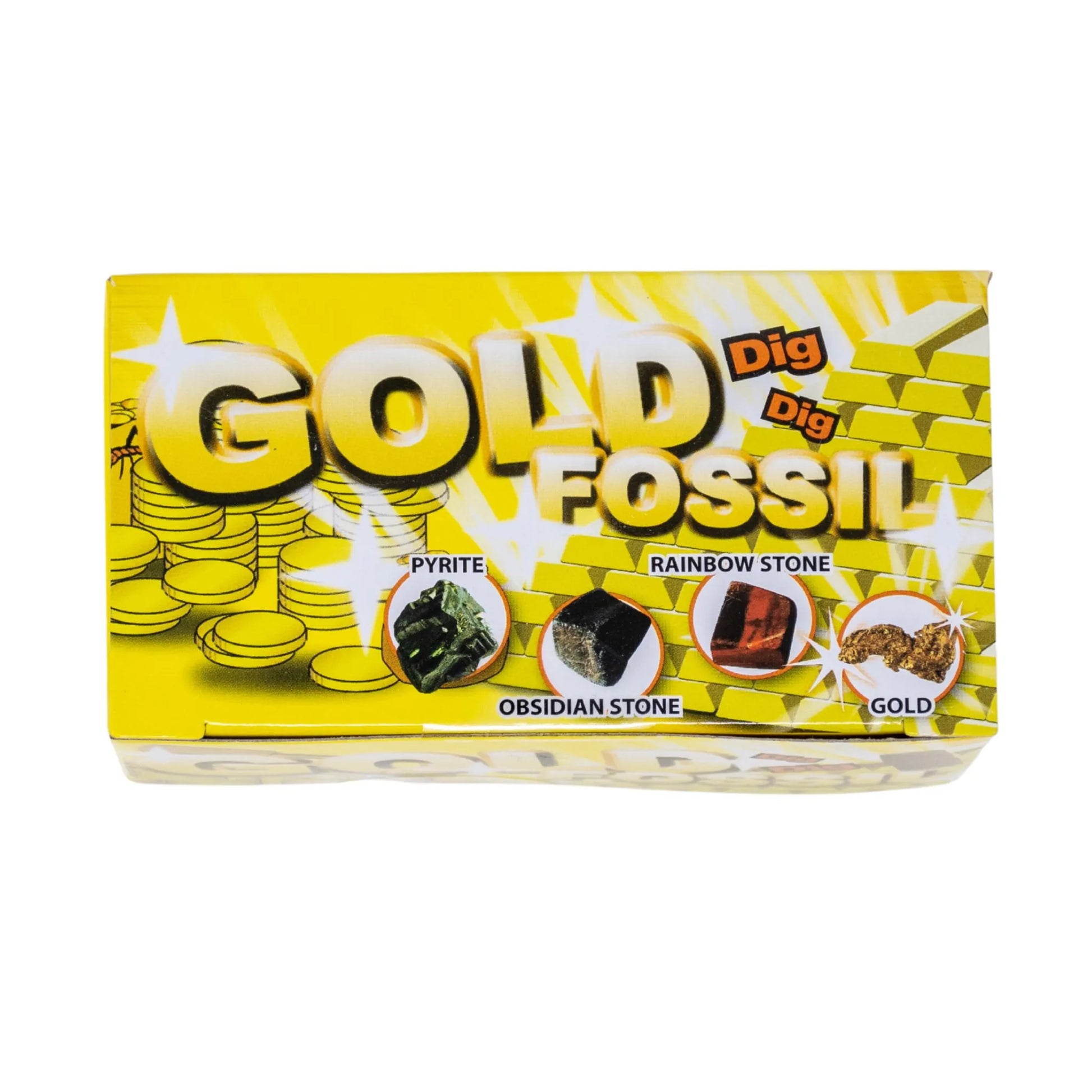 Box of Gold Fossil toy with images of pyrite, rainbow stone, obsidian stone, and gold on a yellow background.