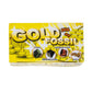 Box of Gold Fossil toy with images of pyrite, rainbow stone, obsidian stone, and gold on a yellow background.