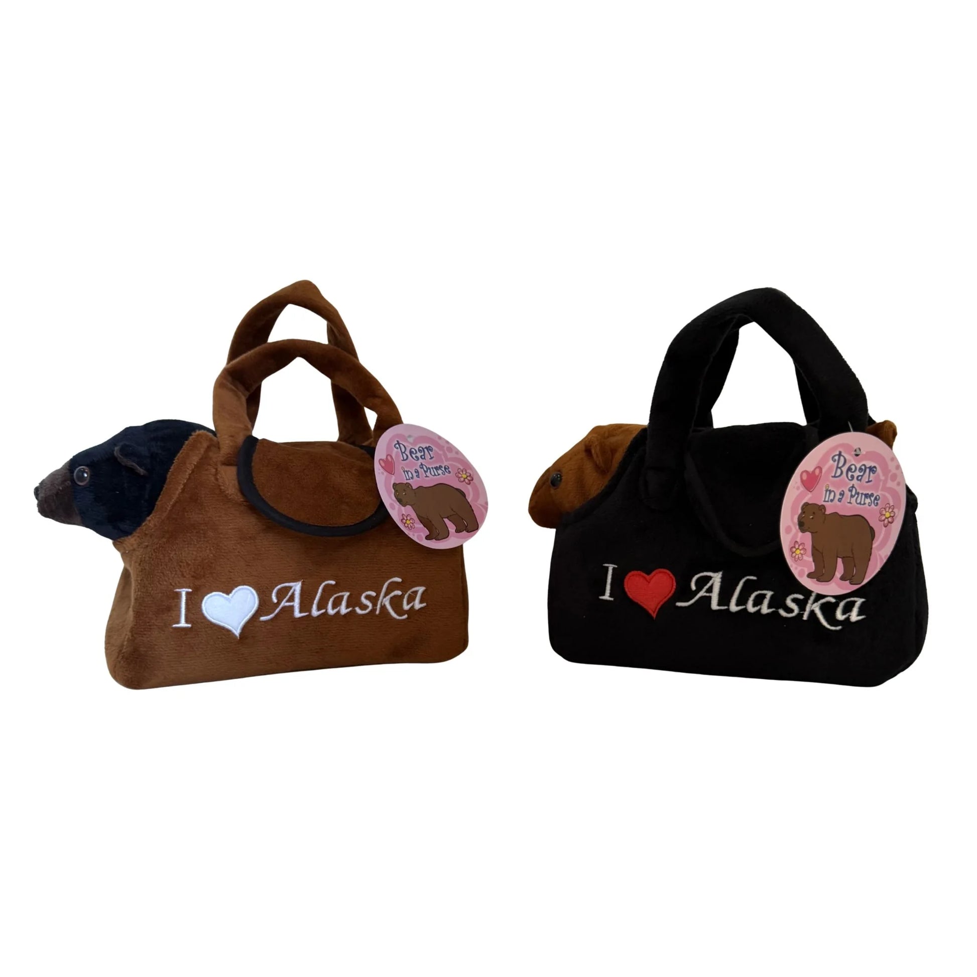 Two small bear handbags, one brown and one black, with 'I ❤️ Alaska' text