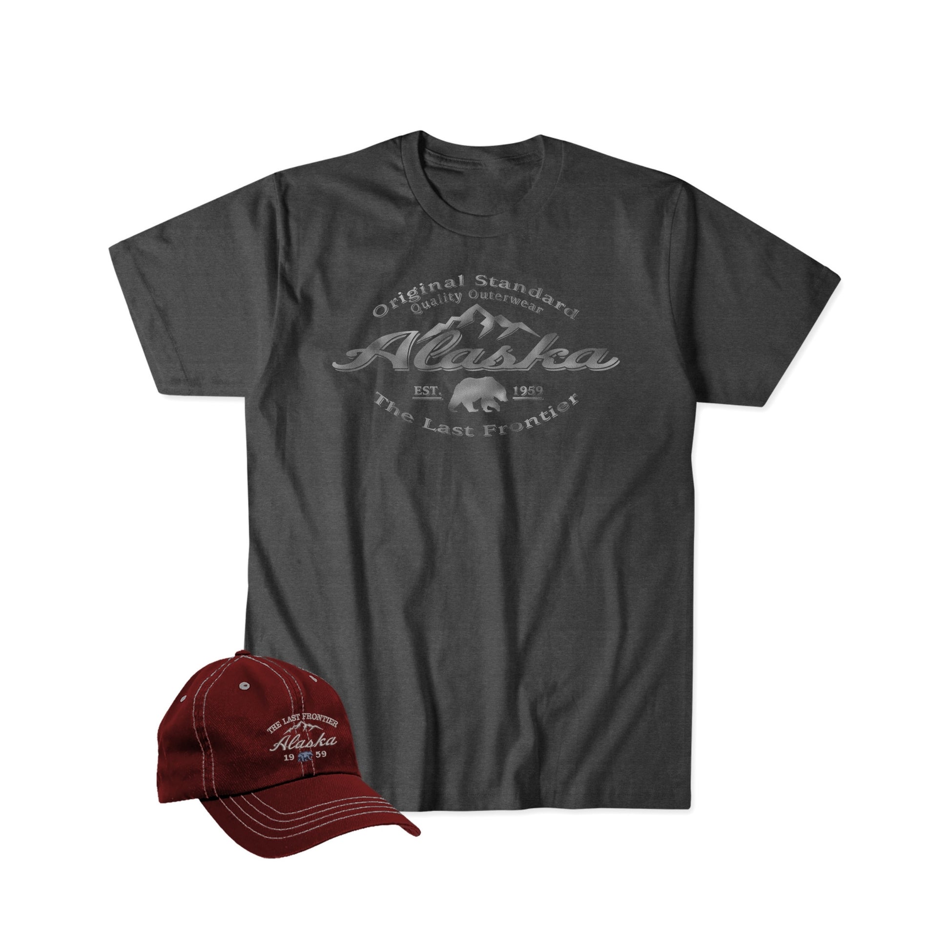 Gray t-shirt and red cap with 'Alaska' branding on a white background