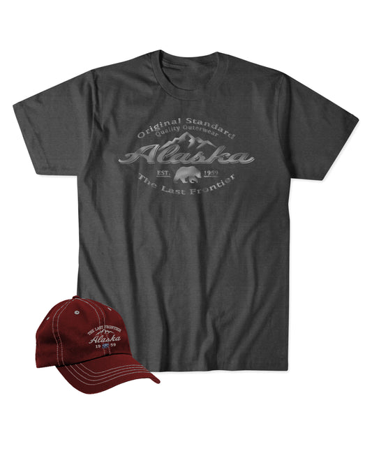 Dark gray t-shirt and red cap with 'Alaska' text on a white background