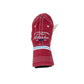 Red cap with white text and branding on a white background