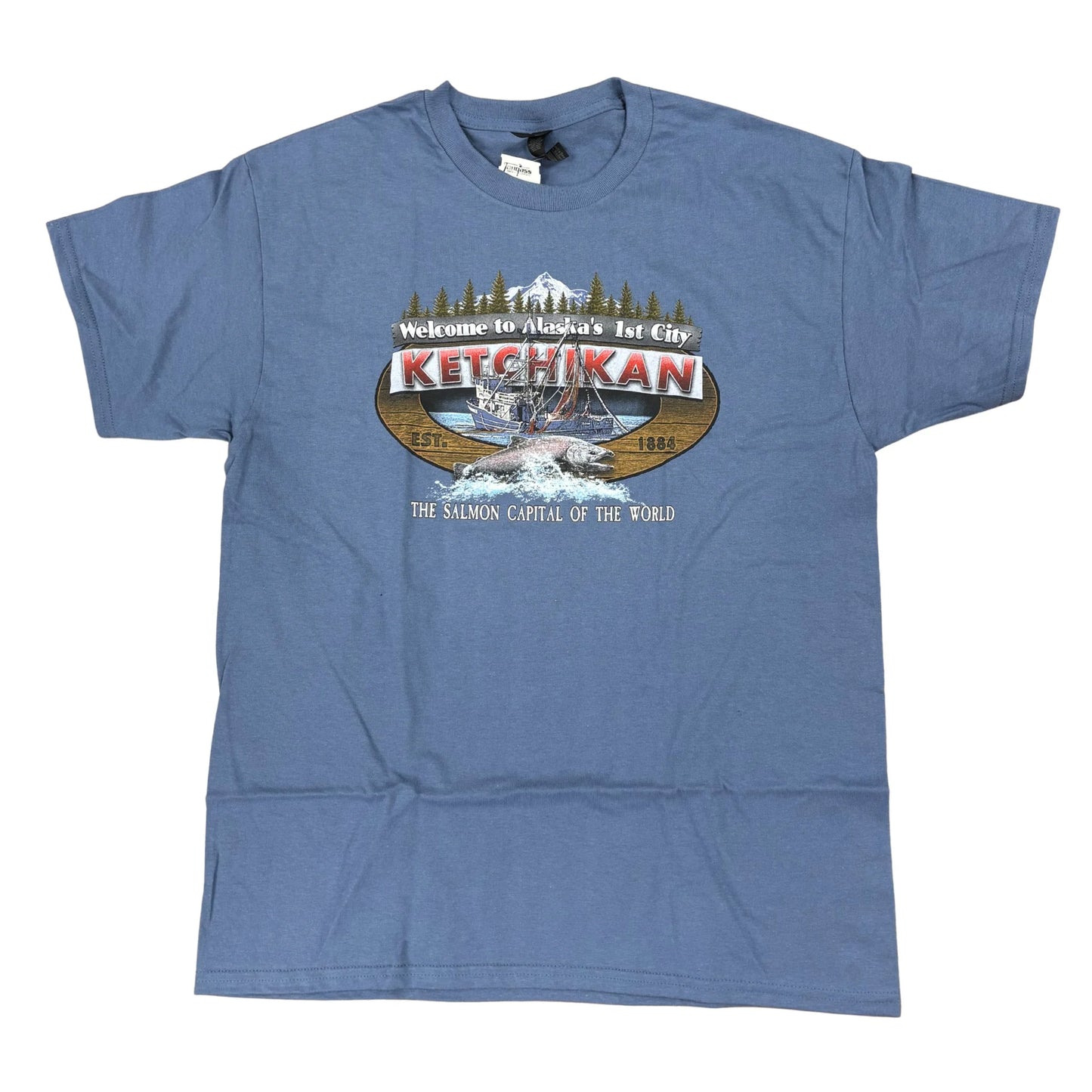 Blue t-shirt with Ketchikan graphic design
