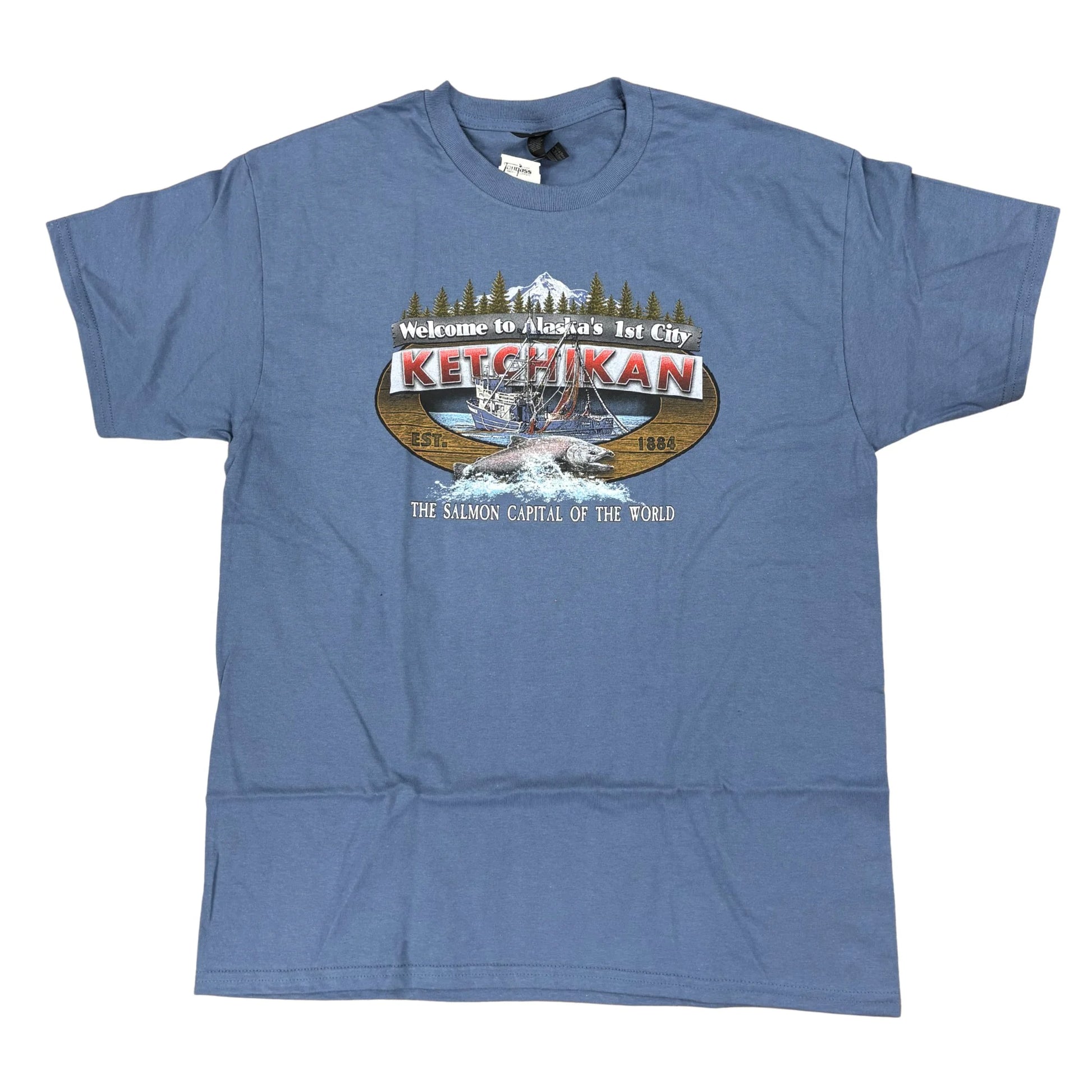 Blue t-shirt with Ketchikan graphic design