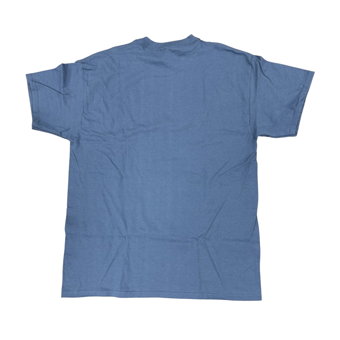 Back of blue t-shirt on a white background