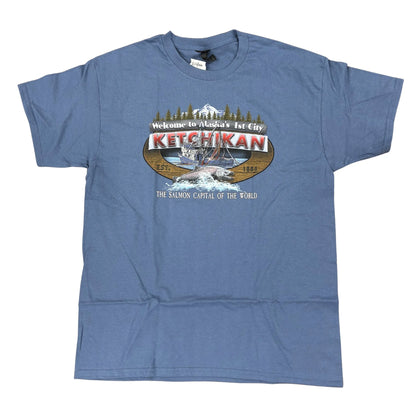 Blue t-shirt with Ketchikan graphic design