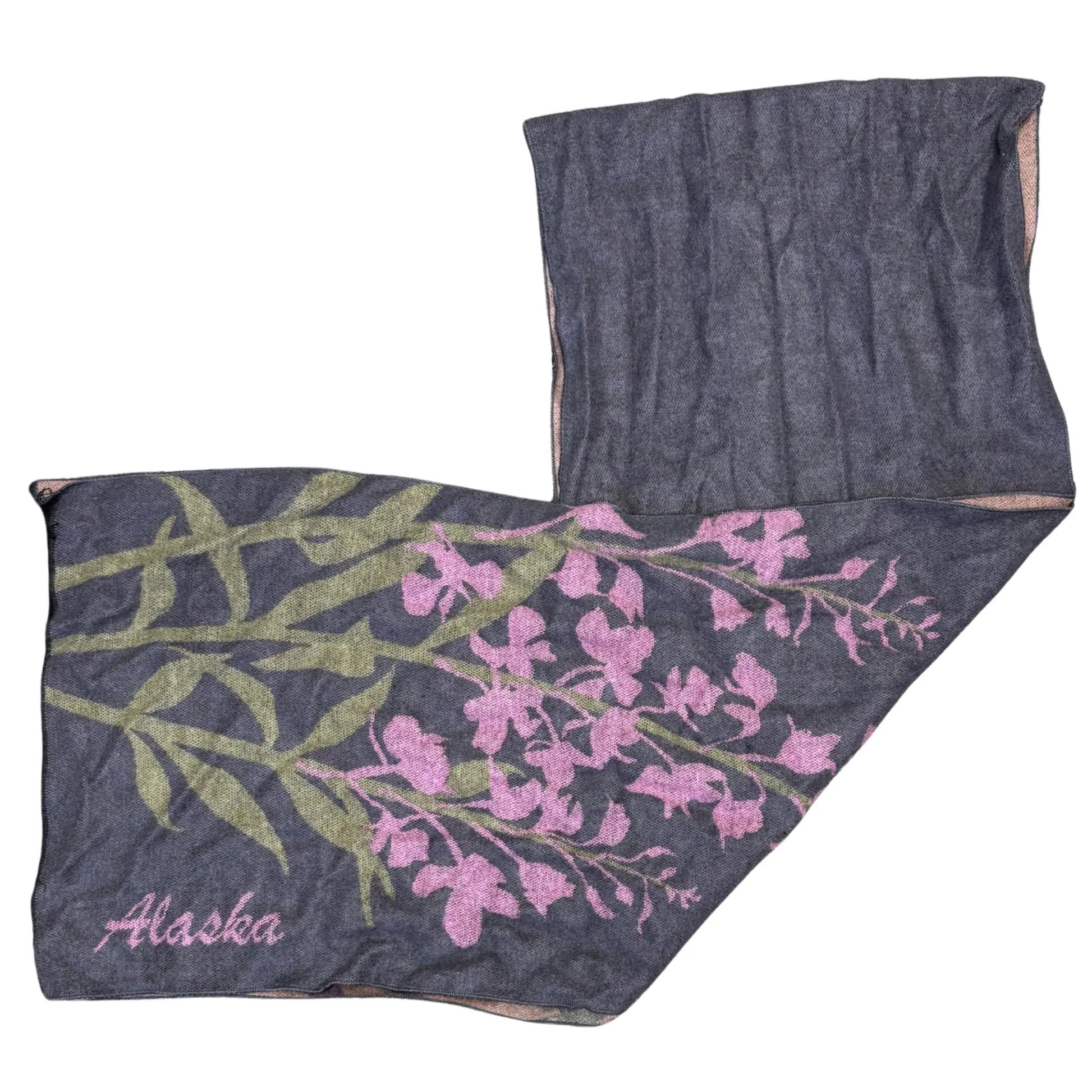 Floral-patterned scarf with 'Alaska' text 