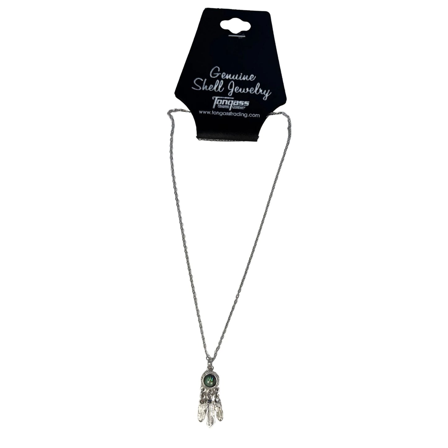 Necklace with dreamcatcher pendant on a black card labeled 'Genuine Shell Jewelry'