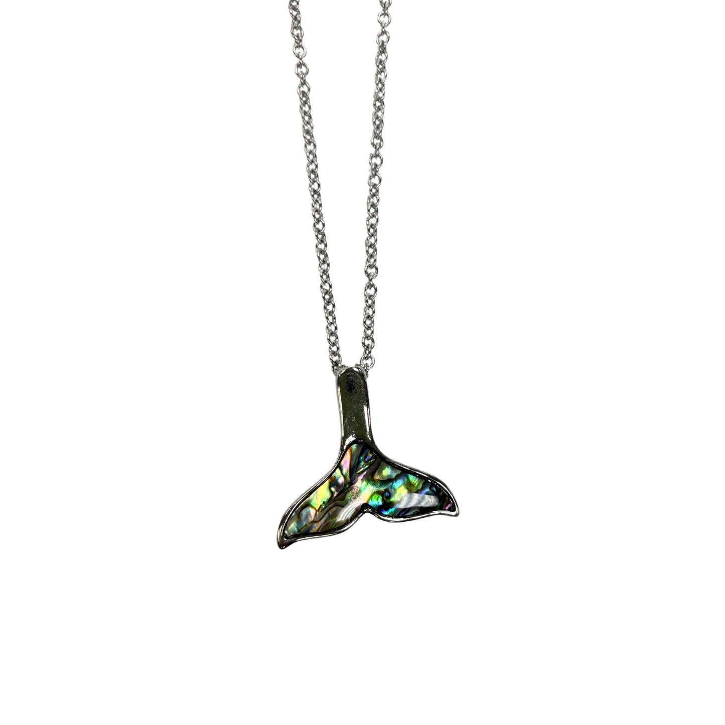 Whale tail pendant necklace on a white background
