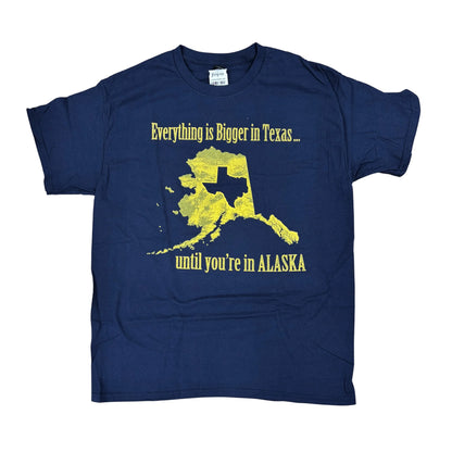 Navy blue t-shirt with yellow Alaska graphic and text on a white background