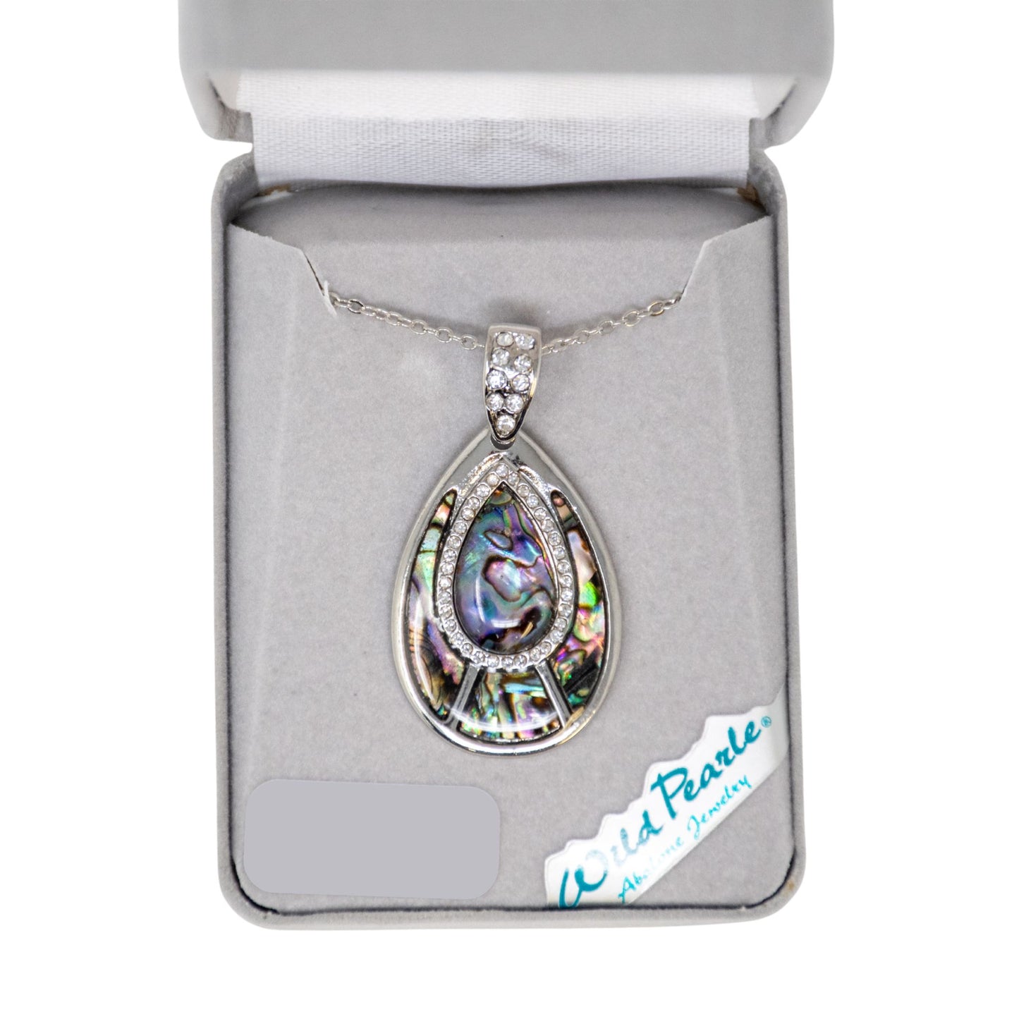 Teardrop-shaped pendant with abalone shell and crystals in a jewelry box
