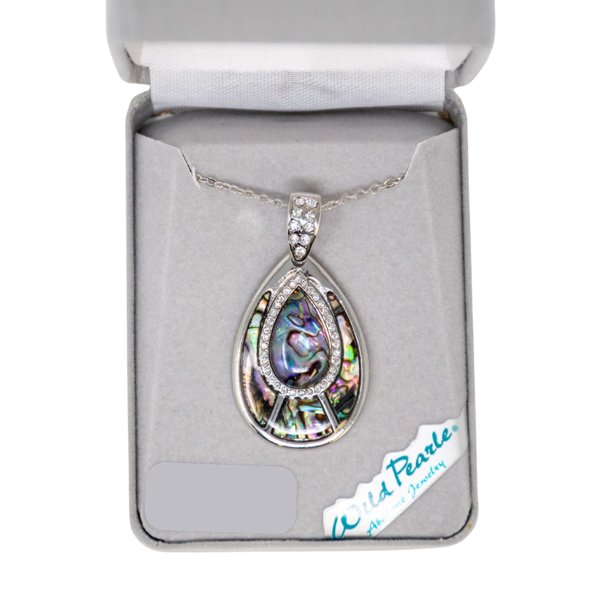 Teardrop-shaped pendant with abalone shell and crystals in a jewelry box