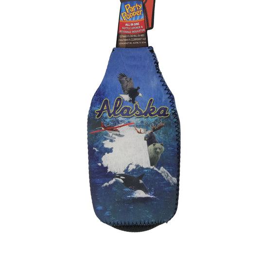 Bottle insulator with Alaska text and wildlife design