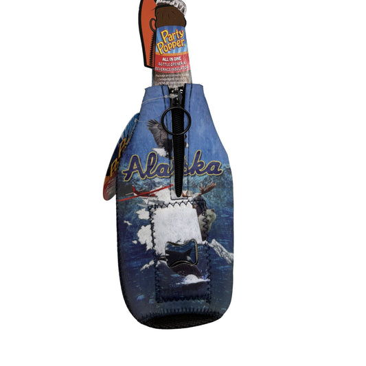 Koozie with Alaska design and 'Party Popper' label on a white background