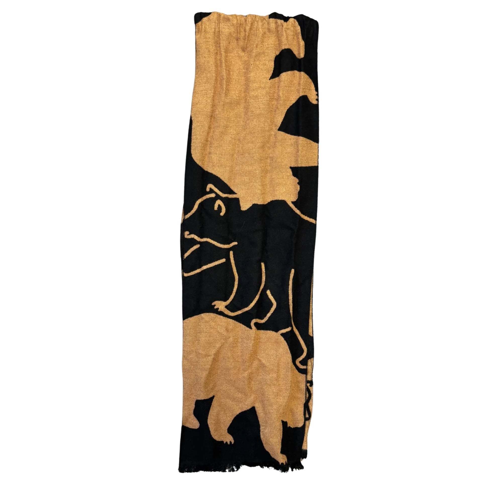 Scarf with bear design in gold and black on a white background