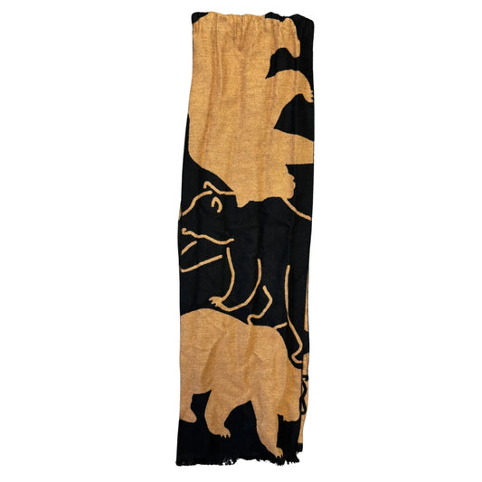 Scarf with bear design in gold and black on a white background