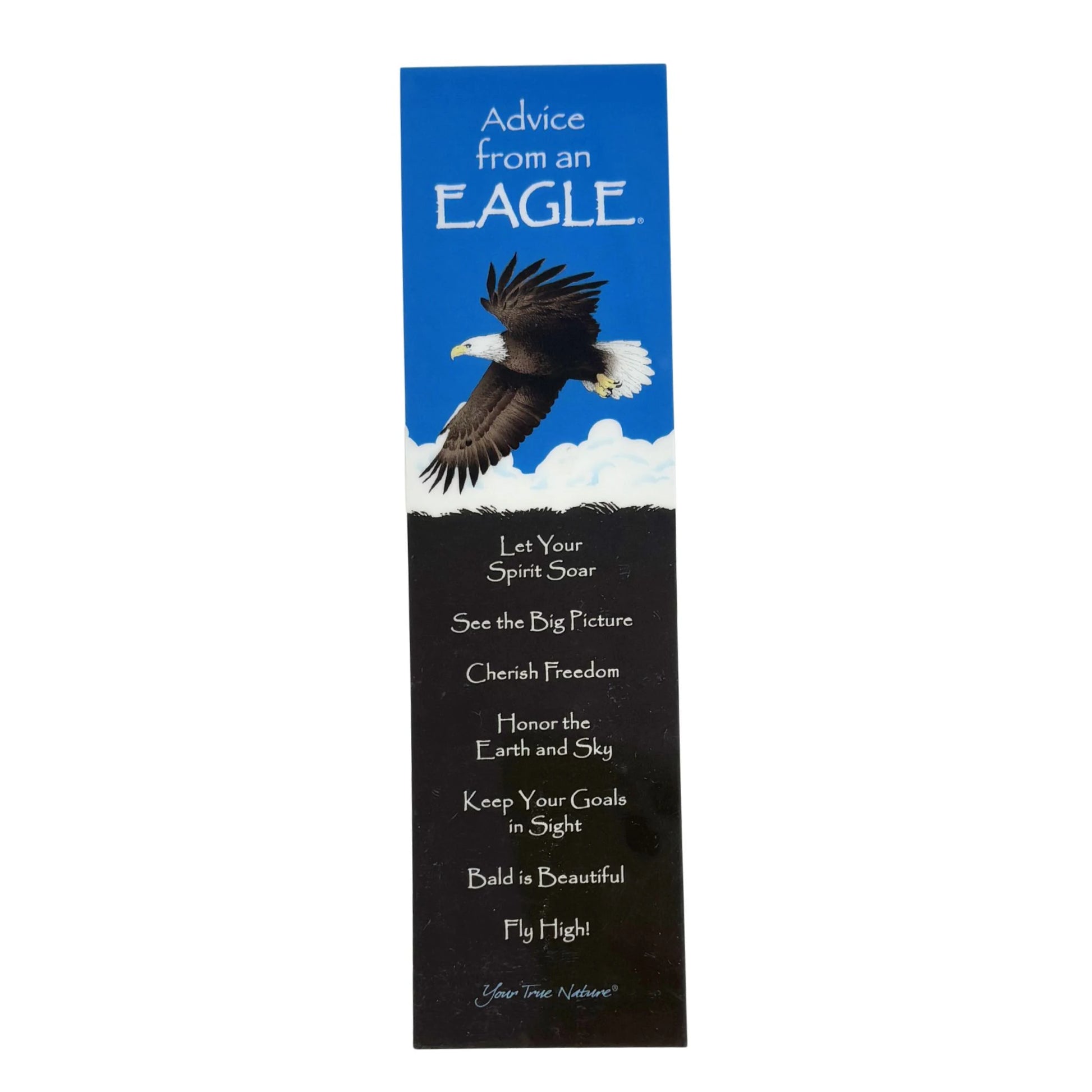 Bookmark with an eagle illustration and motivational text on a blue and black background