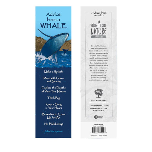 Two bookmarks with whale illustrations and text on a white background