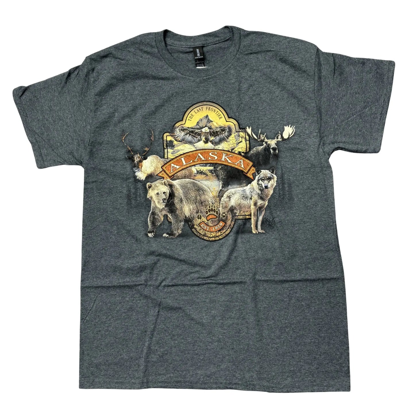 Gray t-shirt with Alaska-themed graphic featuring animals on a white background