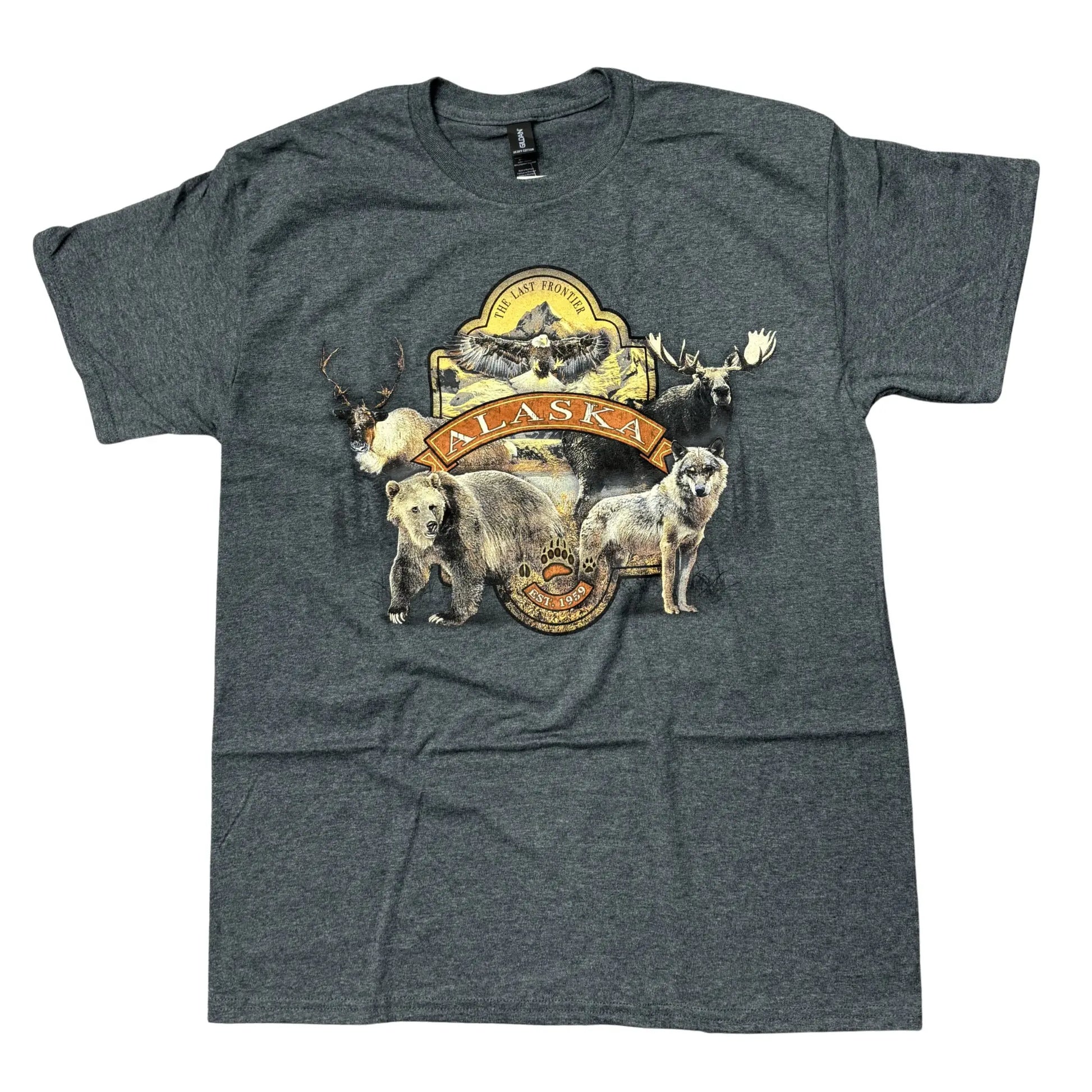 Gray t-shirt with Alaska-themed graphic featuring animals on a white background