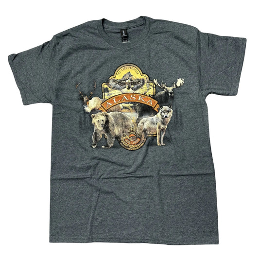 Gray t-shirt with Alaska-themed graphic featuring animals on a white background