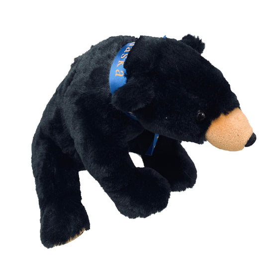 Black stuffed bear with a blue tag on a white background