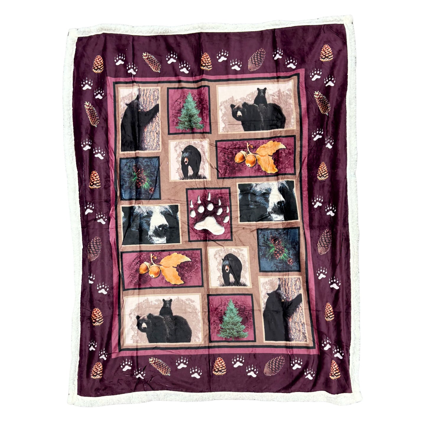 Throw blanket with bears and pine cone design