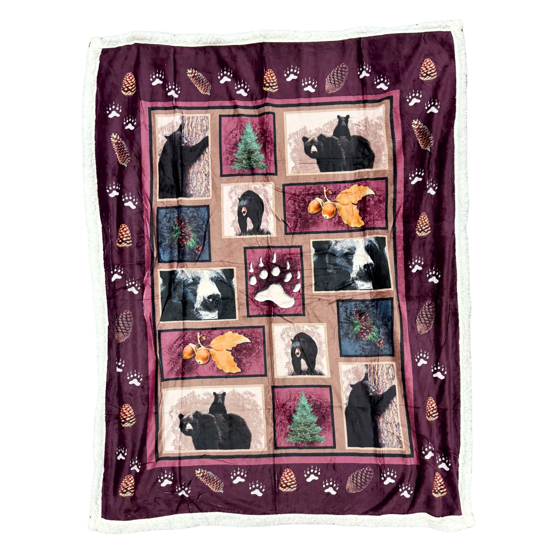 Throw blanket with bears and pine cone design