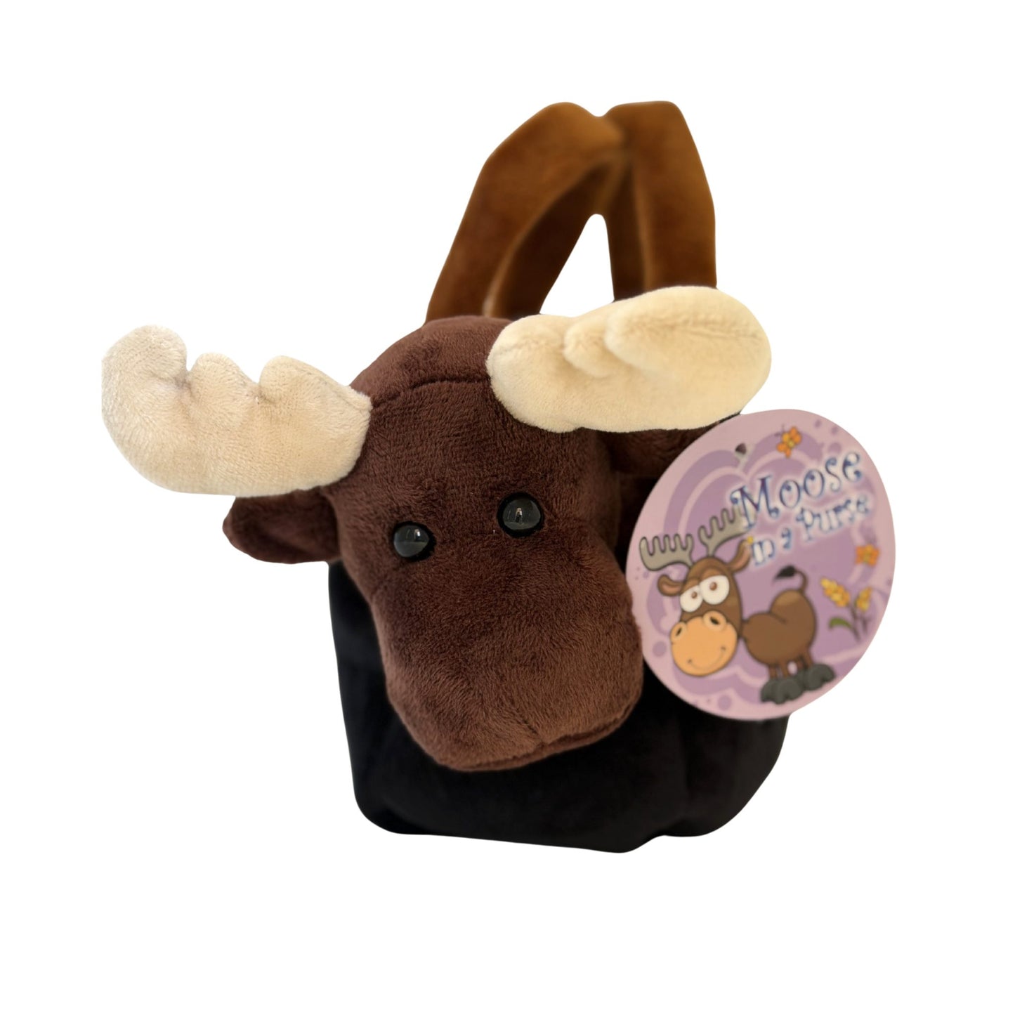 Plush moose toy with a tag on a white background