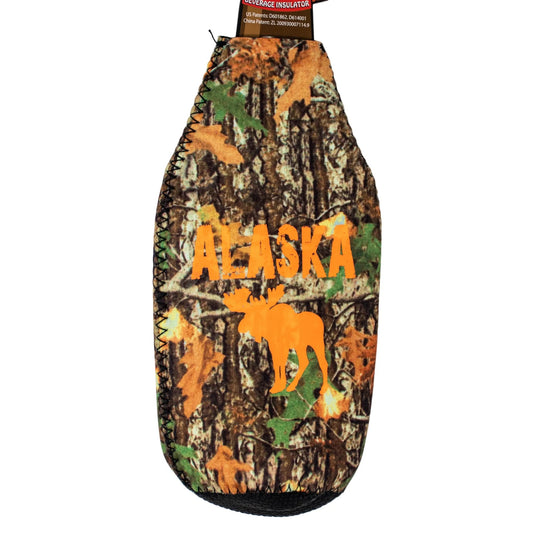 Camo patterned Beverage Insulator with Orange Alaska Text + Orange Moose