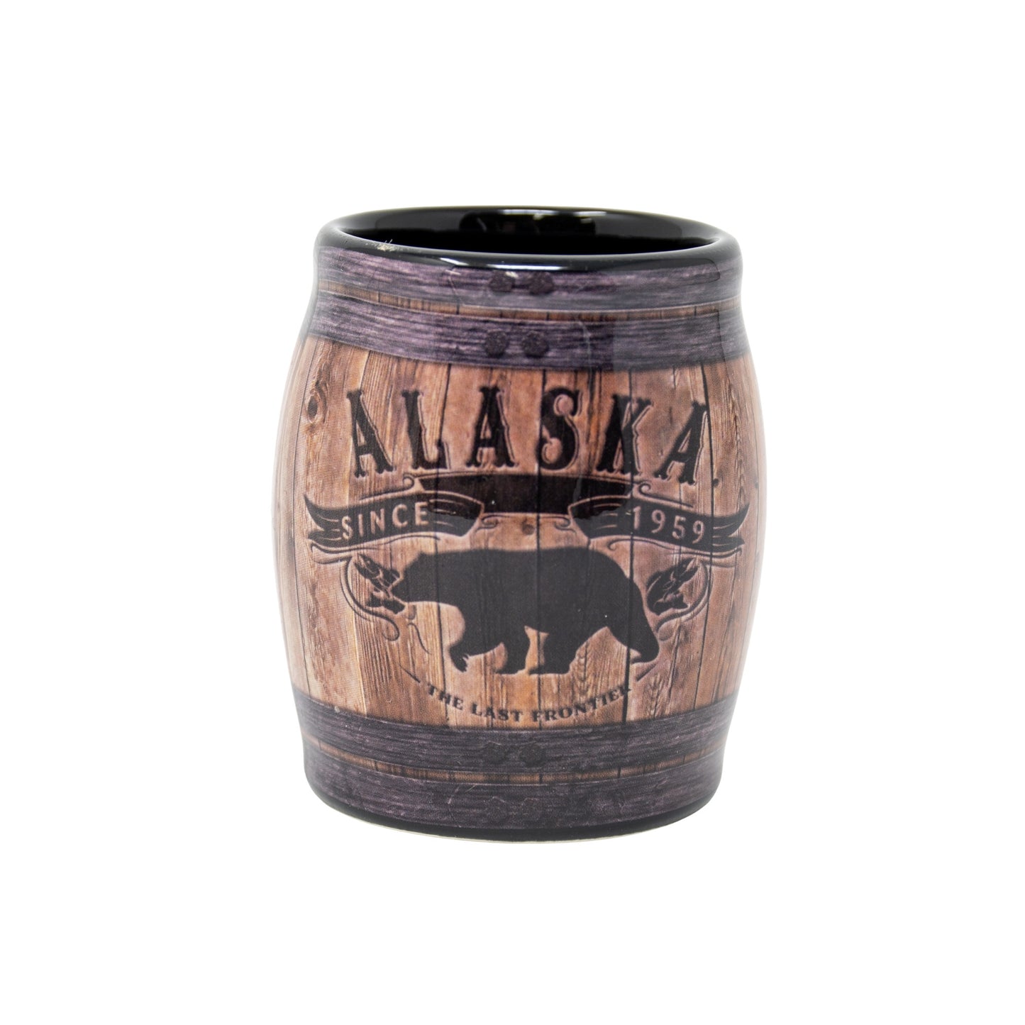 Wooden barrel-shaped shot glass with 'Alaska Since 1959' text and bear design