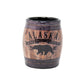 Wooden barrel-shaped shot glass with 'Alaska Since 1959' text and bear design