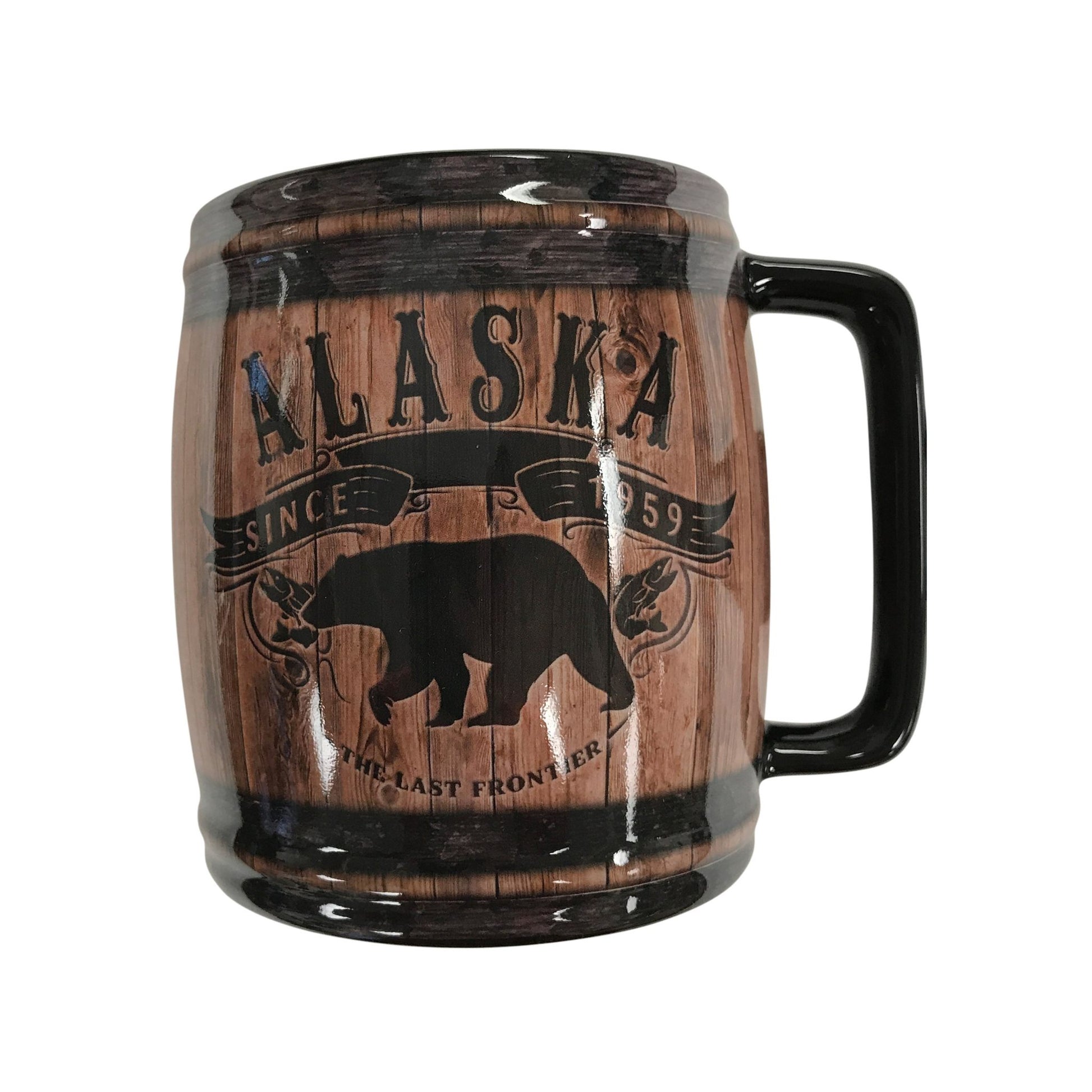 Brown Barrel mug with Alaska text and a bear silhouette