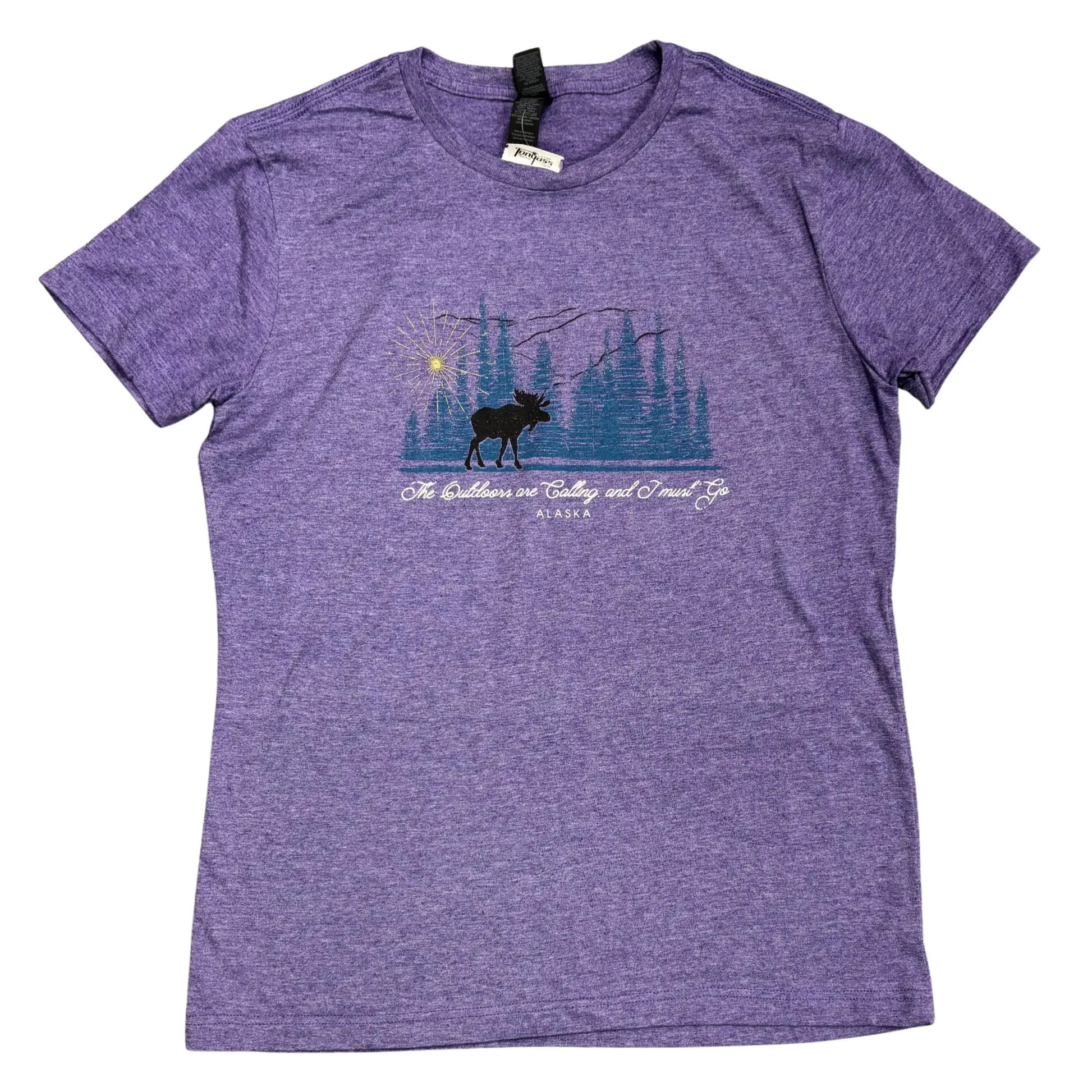 Purple t-shirt with a graphic design of a moose and nature elements 